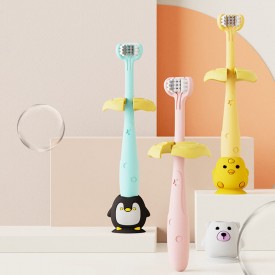 Three-sided soft bristle children's toothbrush with animal bottom