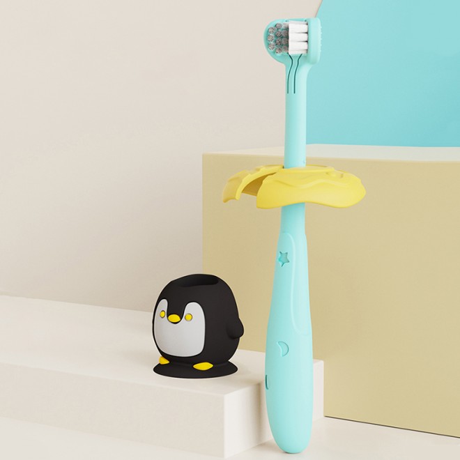 Three-sided soft bristle children's toothbrush with animal bottom