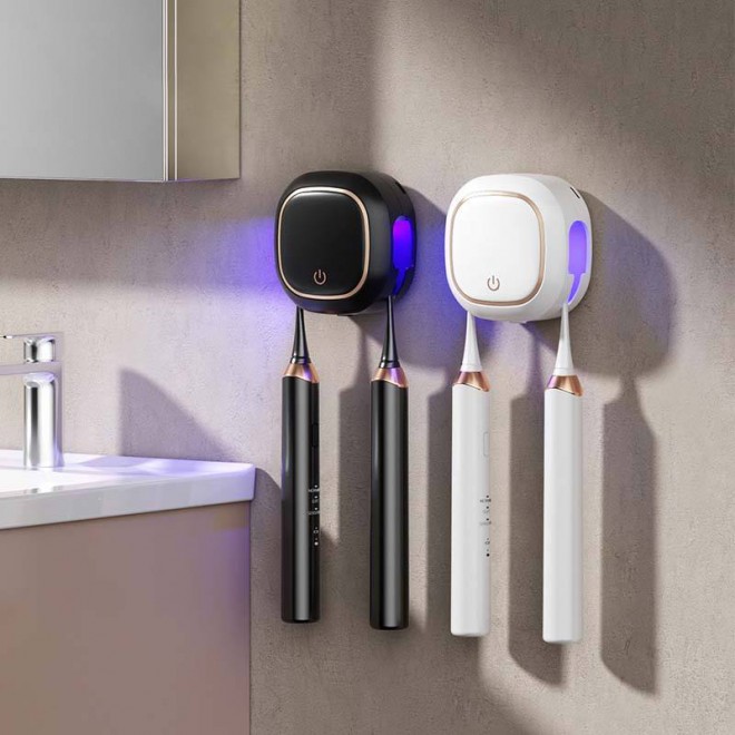 Simple dual-use UV disinfection toothbrush holder