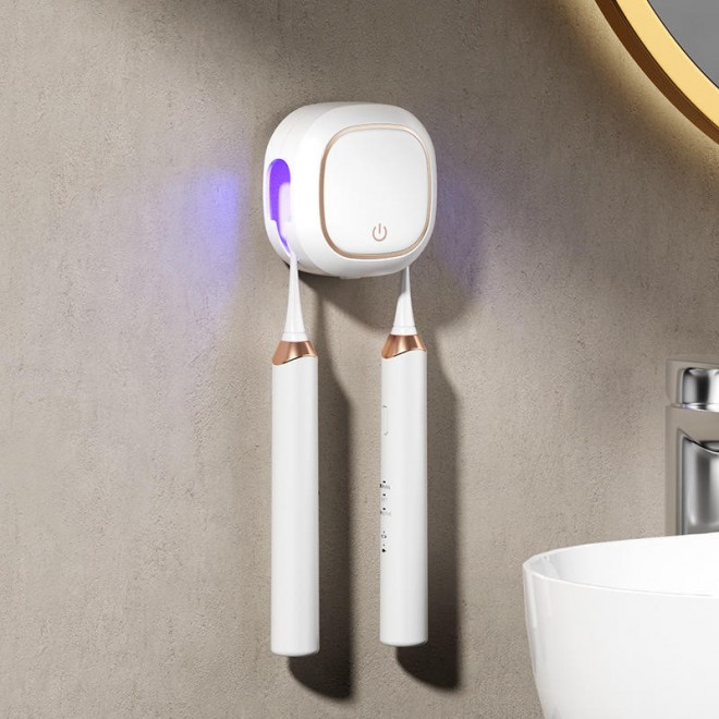 Simple dual-use UV disinfection toothbrush holder